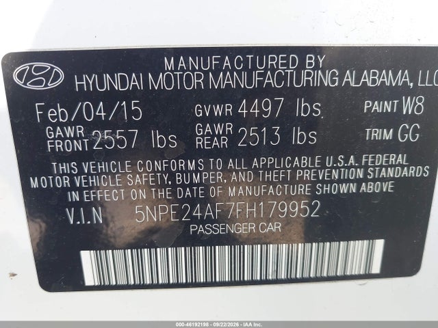 46192198 :رقم المزاد ، 5NPE24AF7FH179952 vin ، 2015 Hyundai Sonata Se مزاد بيع