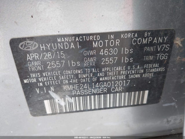 46192211 :رقم المزاد ، KMHE24L14GA012017 vin ، 2016 Hyundai Sonata Hybrid Se مزاد بيع
