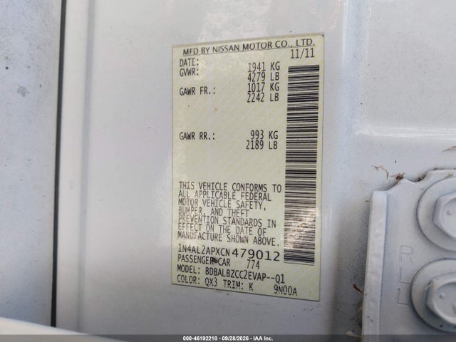 Aukcja sprzedaży 2012 Nissan Altima 2.5 S, vin: 1N4AL2APXCN479012, numer aukcji: 46192218