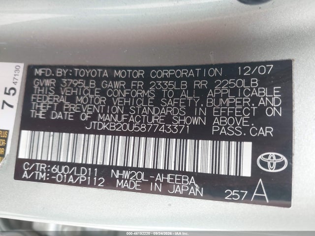 Aukcja sprzedaży 2008 Toyota Prius, vin: JTDKB20U587743371, numer aukcji: 46192220