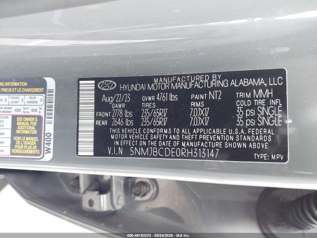 Aukcja sprzedaży 2024 Hyundai Tucson Sel, vin: 5NMJBCDE0RH313147, numer aukcji: 46192223