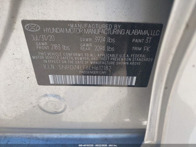 2020 Hyundai Elantra Se მანქანა იყიდება აუქციონზე, vin: 5NPD74LF6LH612182, აუქციონის ნომერი: 46192225