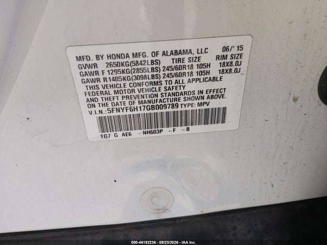 Aukcja sprzedaży 2016 Honda Pilot Lx, vin: 5FNYF6H17GB009789, numer aukcji: 46192236