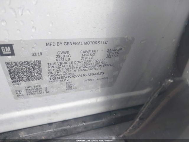 Aukcja sprzedaży 2019 Chevrolet Traverse Premier, vin: 1GNEVKKW4KJ264833, numer aukcji: 46192239