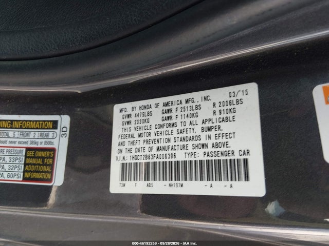 Продажа на аукционе авто 2015 Honda Accord Ex-l, vin: 1HGCT2B83FA006396, номер лота: 46192259