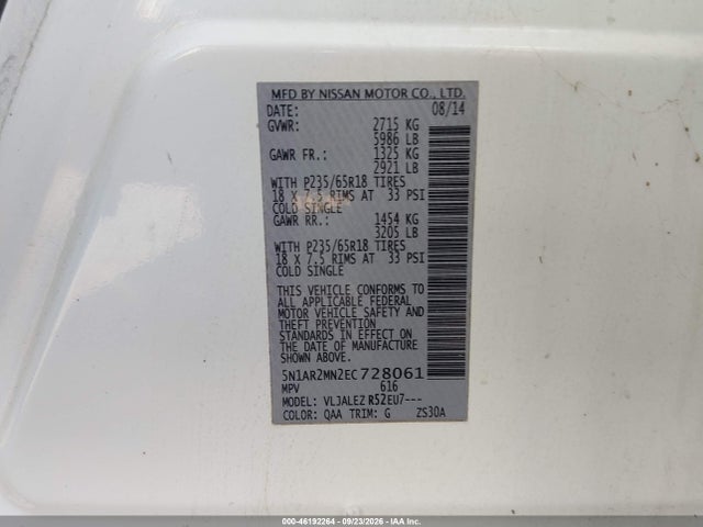 Nissan Pathfinder Sv 2014 5N1AR2MN2EC728061 Image 9