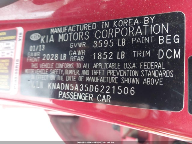 46192266 :رقم المزاد ، KNADN5A35D6221506 vin ، 2013 Kia Rio Ex مزاد بيع