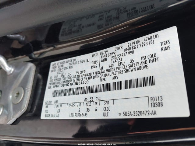 2019 Ford Escape Sel მანქანა იყიდება აუქციონზე, vin: 1FMCU9HD1KUB61400, აუქციონის ნომერი: 46192268