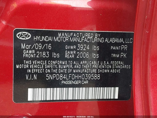 46192273 :رقم المزاد ، 5NPD84LF0HH039588 vin ، 2017 Hyundai Elantra Se مزاد بيع