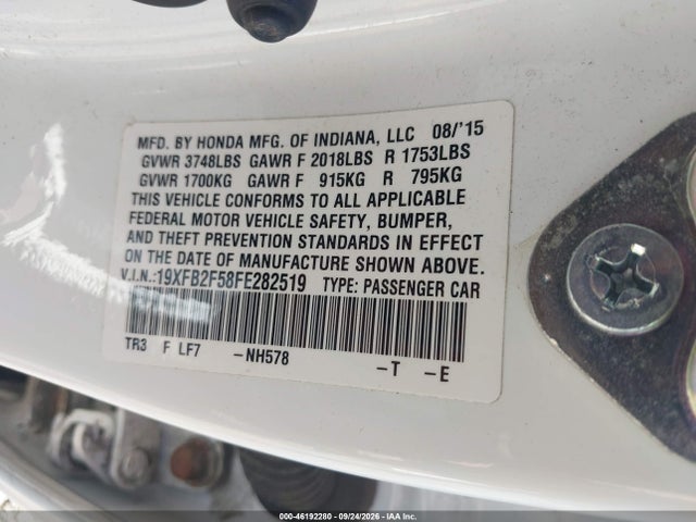 2015 Honda Civic Lx მანქანა იყიდება აუქციონზე, vin: 19XFB2F58FE282519, აუქციონის ნომერი: 46192280