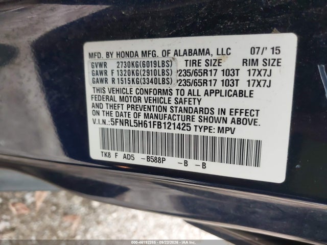 46192285 :رقم المزاد ، 5FNRL5H61FB121425 vin ، 2015 Honda Odyssey Ex-l مزاد بيع