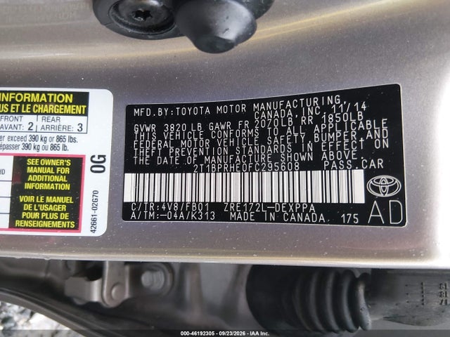 Продажа на аукционе авто 2015 Toyota Corolla Le Eco Plus, vin: 2T1BPRHE0FC295608, номер лота: 46192305