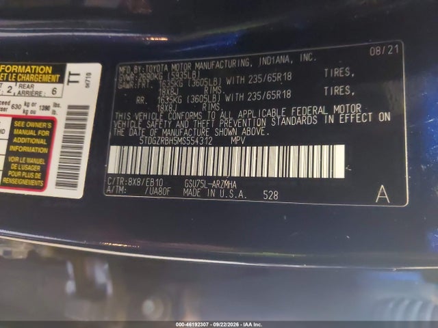 2021 Toyota Highlander Xle მანქანა იყიდება აუქციონზე, vin: 5TDGZRBH5MS554312, აუქციონის ნომერი: 46192307