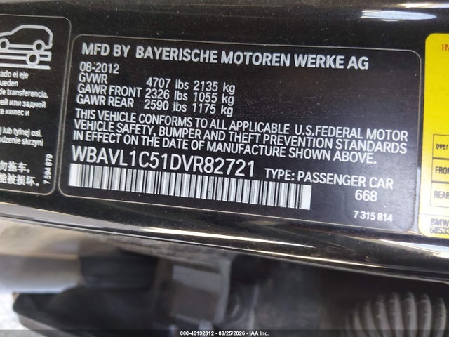 2013 Bmw X1 Xdrive28i მანქანა იყიდება აუქციონზე, vin: WBAVL1C51DVR82721, აუქციონის ნომერი: 46192312