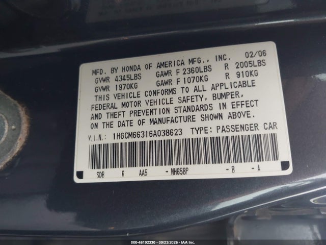 Aukcja sprzedaży 2006 Honda Accord 3.0 Lx, vin: 1HGCM66316A038623, numer aukcji: 46192330