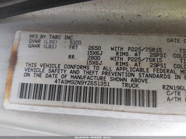 Auction sale of the 2000 Toyota Tacoma Prerunner, vin: 4TASM92N9YZ651351, lot number: 46192338