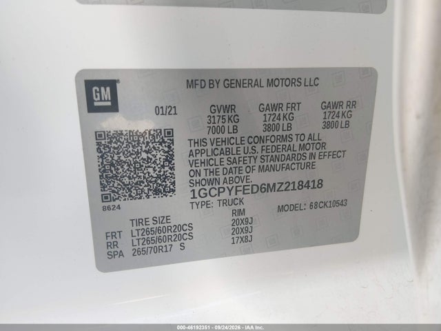 Aukcja sprzedaży 2021 Chevrolet Silverado 1500 4wd  Short Bed Lt Trail Boss, vin: 1GCPYFED6MZ218418, numer aukcji: 46192351