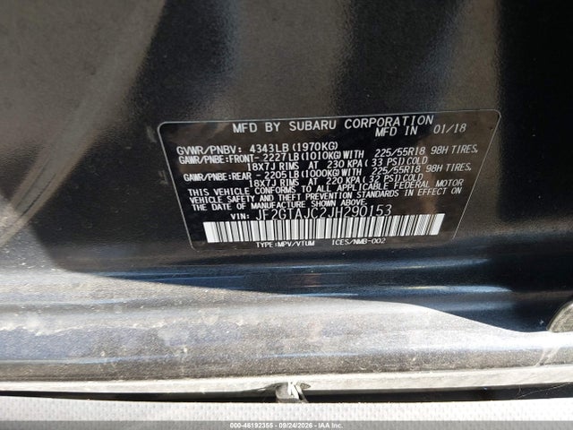 2018 Subaru Crosstrek 2.0i Limited მანქანა იყიდება აუქციონზე, vin: JF2GTAJC2JH290153, აუქციონის ნომერი: 46192355