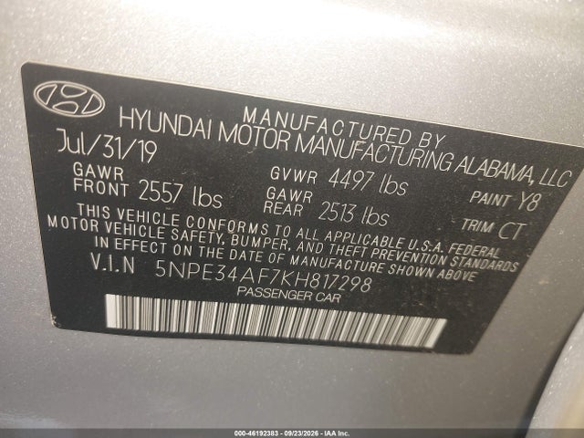 46192383 :رقم المزاد ، 5NPE34AF7KH817298 vin ، 2019 Hyundai Sonata Sport مزاد بيع