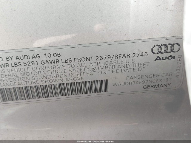 Продаж на аукціоні авто 2007 Audi A6 3.2, vin: WAUDH74F97N063187, номер лоту: 46192398