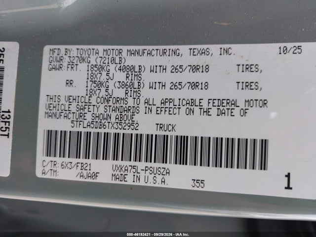 46192421 :رقم المزاد ، 5TFLA5DB6TX352952 vin ، 2026 Toyota Tundra Sr5 Crewmax 5.5' Bed مزاد بيع