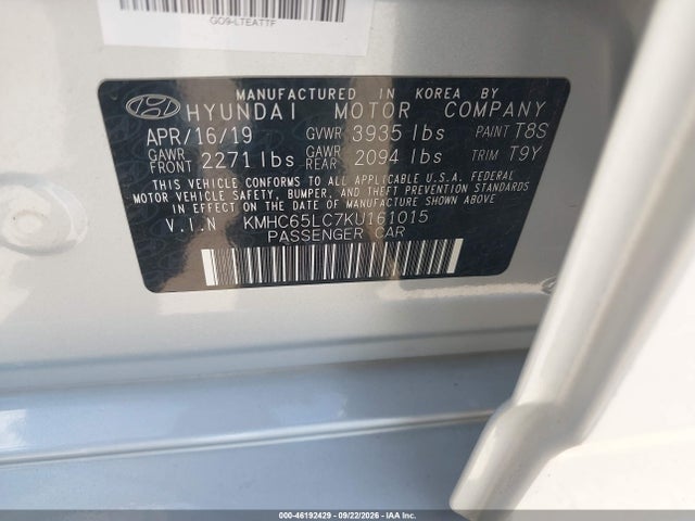 46192429 :رقم المزاد ، KMHC65LC7KU161015 vin ، 2019 Hyundai Ioniq Hybrid Blue مزاد بيع