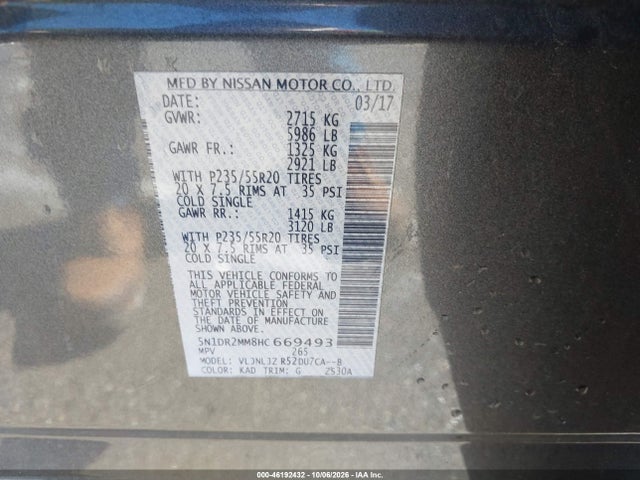 Продаж на аукціоні авто 2017 Nissan Pathfinder Platinum, vin: 5N1DR2MM8HC669493, номер лоту: 46192432