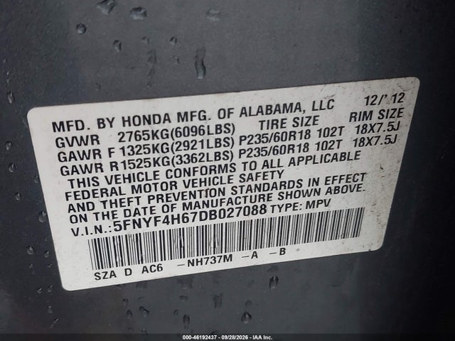 46192437 :رقم المزاد ، 5FNYF4H67DB027088 vin ، 2013 Honda Pilot Ex-l مزاد بيع