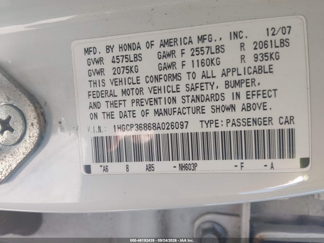 46192439 :رقم المزاد ، 1HGCP36868A026097 vin ، 2008 Honda Accord 3.5 Ex-l مزاد بيع