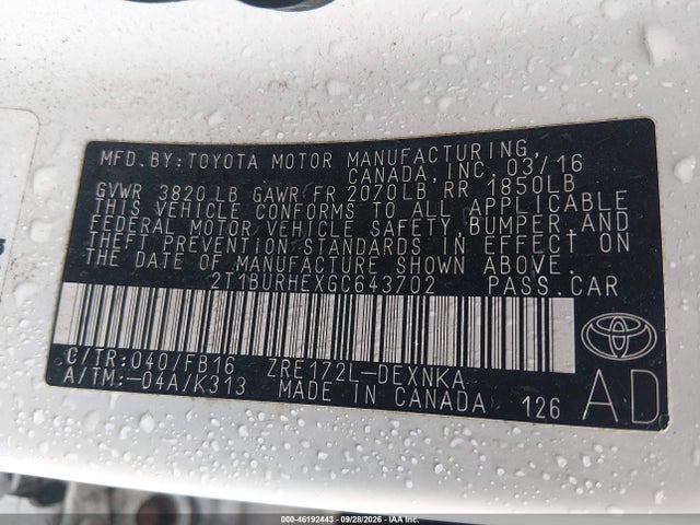 Продажа на аукционе авто 2016 Toyota Corolla Le, vin: 2T1BURHEXGC643702, номер лота: 46192443