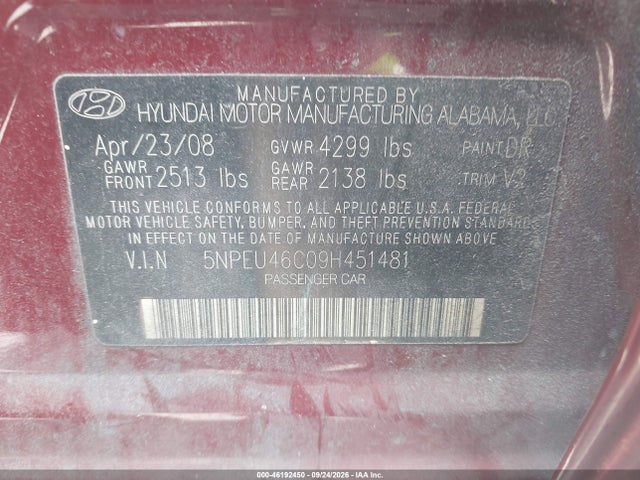 2009 Hyundai Sonata Limited მანქანა იყიდება აუქციონზე, vin: 5NPEU46C09H451481, აუქციონის ნომერი: 46192450