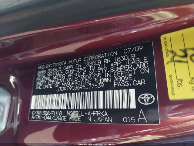 Продажа на аукционе авто 2009 Toyota Yaris, vin: JTDKT903695277539, номер лота: 46192468