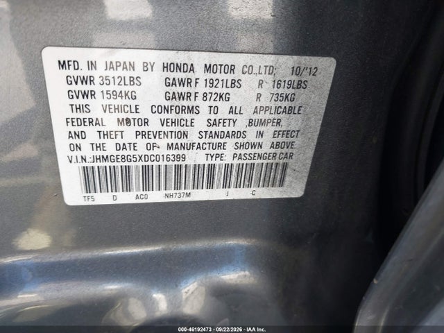 46192473 :رقم المزاد ، JHMGE8G5XDC016399 vin ، 2013 Honda Fit Sport مزاد بيع