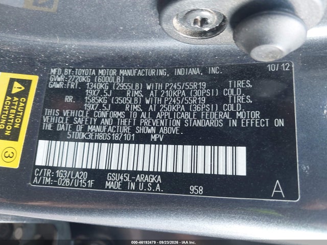 Aukcja sprzedaży 2013 Toyota Highlander Limited V6, vin: 5TDDK3EH8DS187101, numer aukcji: 46192479