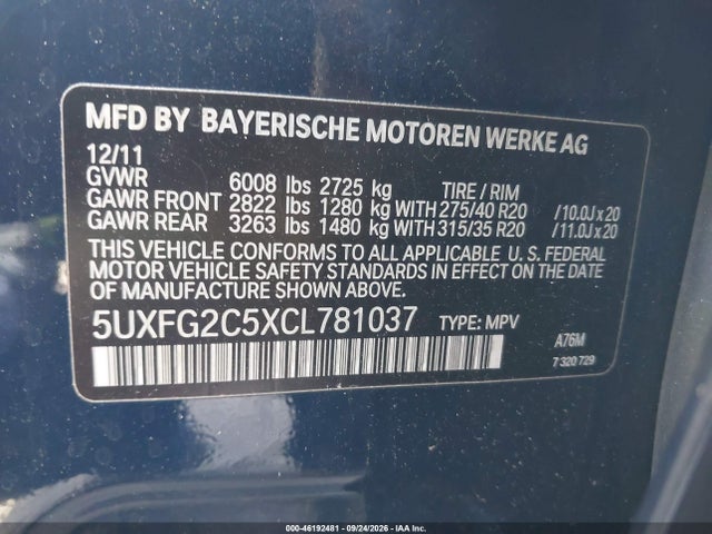 46192481 :رقم المزاد ، 5UXFG2C5XCL781037 vin ، 2012 Bmw X6 35i مزاد بيع