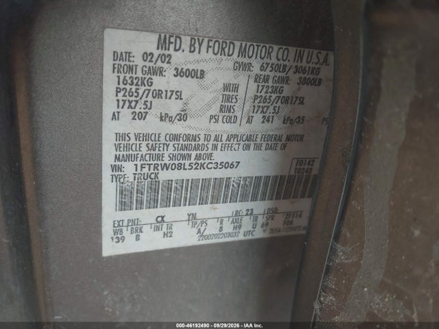 Продажа на аукционе авто 2002 Ford F-150 Lariat/xlt, vin: 1FTRW08L52KC35067, номер лота: 46192490