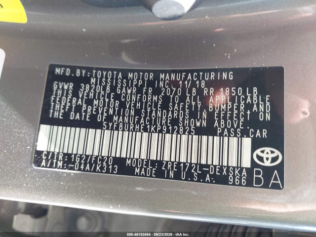 Aukcja sprzedaży 2019 Toyota Corolla Se, vin: 5YFBURHE1KP912825, numer aukcji: 46192494