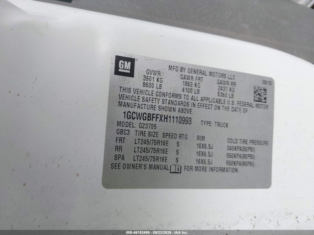 Chevrolet Express 2500 Work Van 2017 1GCWGBFFXH1110993 Image 9