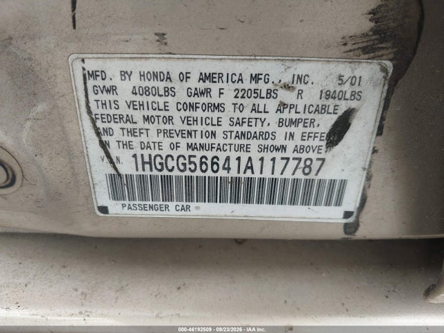 Aukcja sprzedaży 2001 Honda Accord Sdn 2.3 Ex/ex, vin: 1HGCG56641A117787, numer aukcji: 46192509