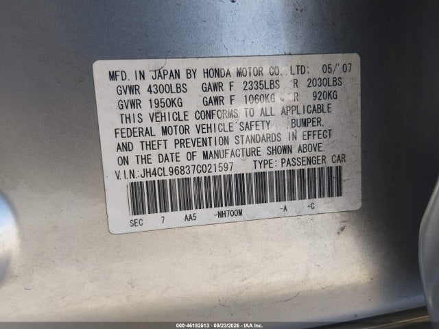 46192513 :رقم المزاد ، JH4CL96837C021597 vin ، 2007 Acura Tsx مزاد بيع