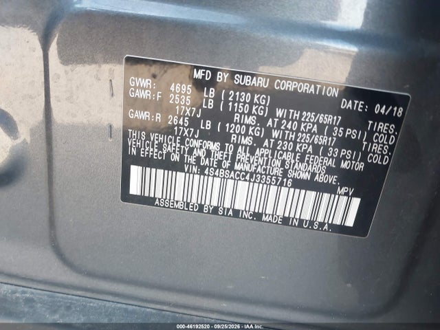 46192520 :رقم المزاد ، 4S4BSACC4J3355716 vin ، 2018 Subaru Outback 2.5i Premium مزاد بيع