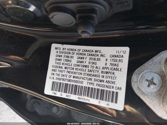 Продажа на аукционе авто 2013 Honda Civic Sdn Lx, vin: 2HGFB2F58DH500350, номер лота: 46192521