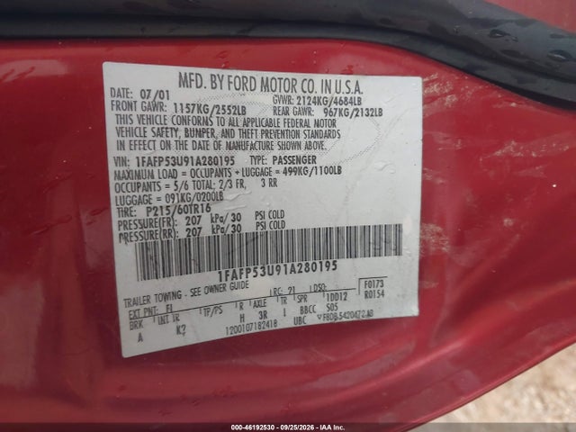 Aukcja sprzedaży 2001 Ford Taurus Se, vin: 1FAFP53U91A280195, numer aukcji: 46192530