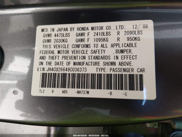 2009 Acura Tsx Tech Pkg მანქანა იყიდება აუქციონზე, vin: JH4CU26649C036373, აუქციონის ნომერი: 46192536