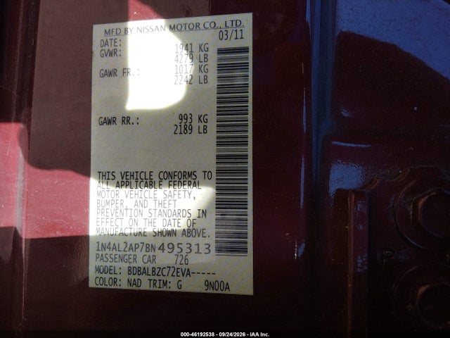 2011 Nissan Altima 2.5 S მანქანა იყიდება აუქციონზე, vin: 1N4AL2AP7BN495313, აუქციონის ნომერი: 46192538