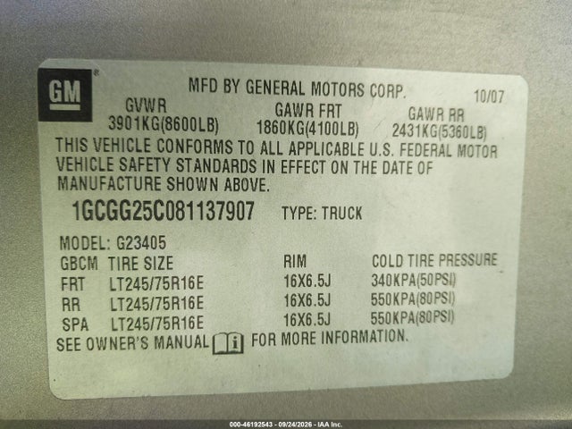 Продаж на аукціоні авто 2008 Chevrolet Express Work Van, vin: 1GCGG25C081137907, номер лоту: 46192543