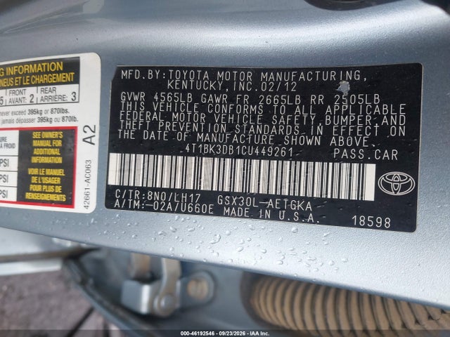 Продажа на аукционе авто 2012 Toyota Avalon, vin: 4T1BK3DB1CU449261, номер лота: 46192546