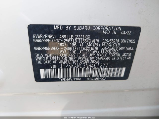 Продажа на аукционе авто 2022 Subaru Forester Limited, vin: JF2SKANC3NH461277, номер лота: 46192547