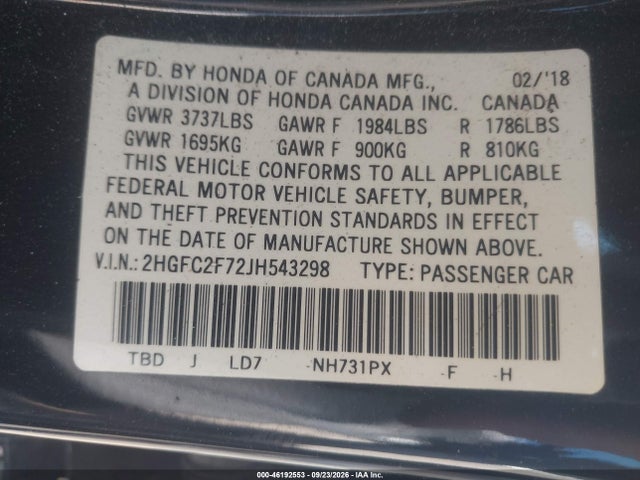 Honda CIVIC EX 2018 2HGFC2F72JH543298 Image 9