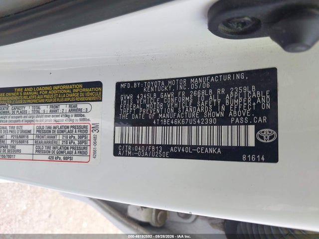 Aukcja sprzedaży 2007 Toyota Camry Le, vin: 4T1BE46K67U542390, numer aukcji: 46192592